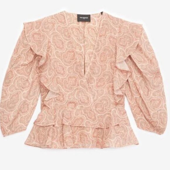 The Kooples Boho Silk Blend Crop Top Womens Pink Short Puff Sleeve V Neck Ruffle - Picture 3 of 7